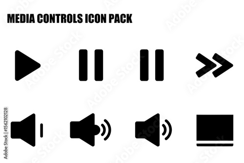 Media controls icons in a simple, clean design. Set of play, pause, next, previous, volume up and down, and display icons.