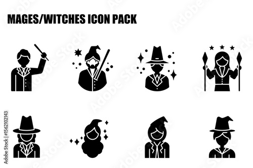 Mages/witches icon set in various poses and attire. Fantasy characters in formal attire with magic staffs/weapons in various positions against a white background.
