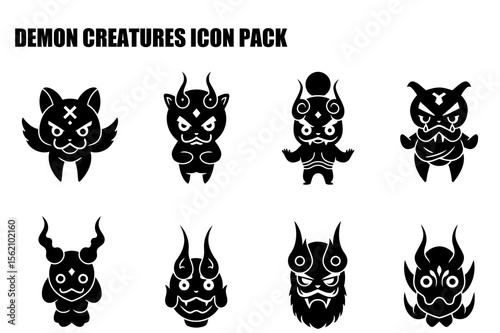 Demon creature icons in a flat style, displayed against a white background. Adorable, stylized representations of demons/monsters with various features in a fantasy style, suitable for video game art.