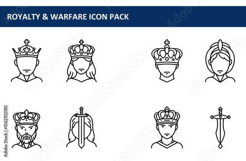 Royal figures with crowns and swords in profile view. Line art illustrations of male and female royalty in various poses, with a sword icon.
