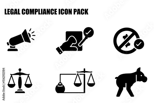 Legal compliance icons set depicting various aspects of legal procedures and regulations in a simple, symbolic style.