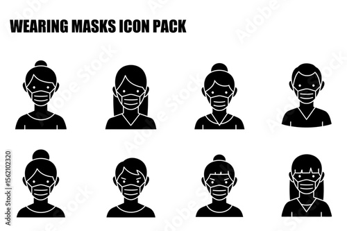Female and male demographic wearing protective face masks in a general, everyday setting. Diverse individuals, various hairstyles with masks.