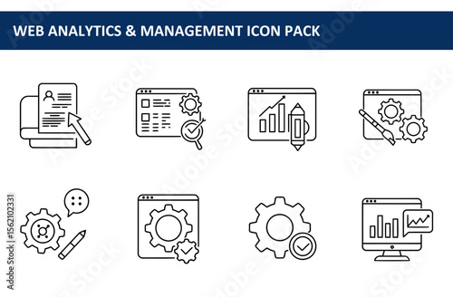 Web analytics and management icons for various digital marketing tasks. Simple line illustrations for website management and analysis.