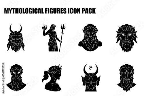 Mythological figures in various poses and settings. Silhouette portraits of Greek Gods and Goddesses for decorative use.
