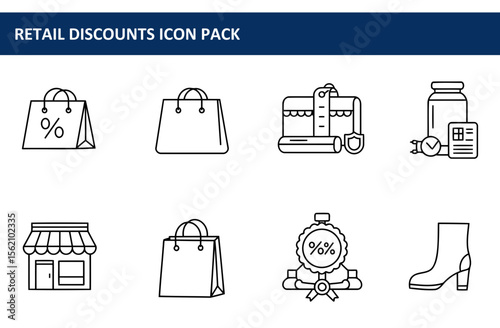 Retail discount icons in a simple, modern style. Flat graphic representations of retail items, services, and concepts in a variety of commercial settings.