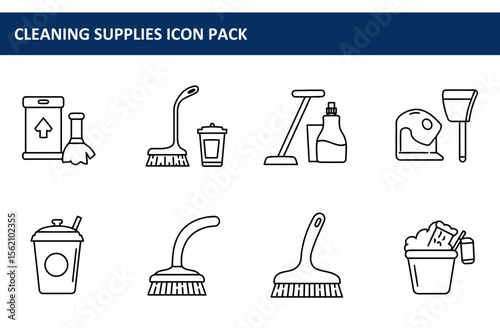 Cleaning supplies icons in a variety of shapes and sizes. Various tools for cleaning in a household/office setting. Collection of cleaning supplies. home use -