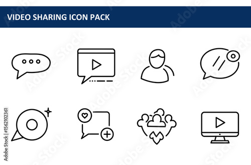 Video sharing app icons in a clean, simple style. Set of user interface elements for online video sharing platform, demonstrating various actions and features.