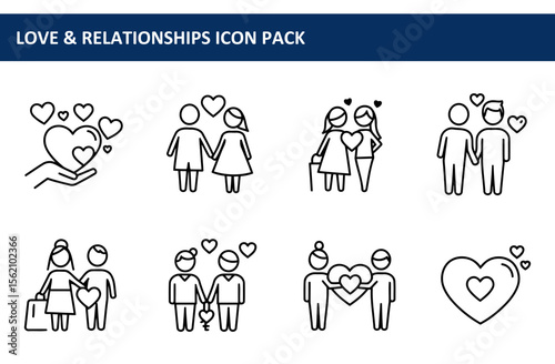 Love and relationships icons depicting various couples in diverse scenarios. Diverse couples holding hands or embracing, with hearts.