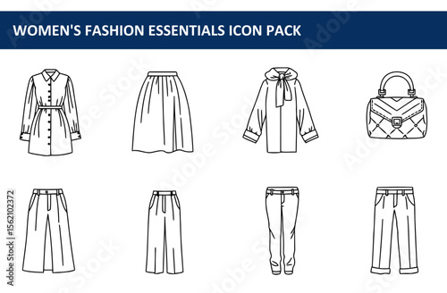Women's fashion essentials, various styles in flat line drawing. Collection of clothing items displayed against a plain white background. Fashion illustrations for general use -