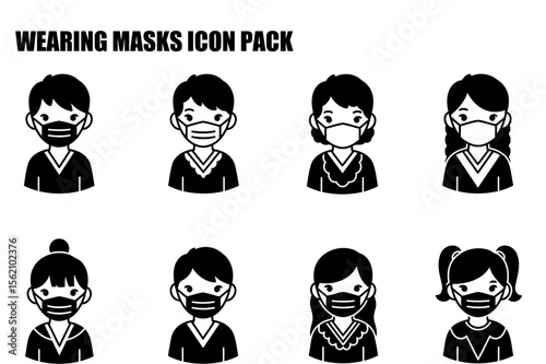 Diverse people of various ages wearing protective face masks in a simple, stylized illustration.