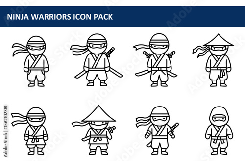 Ninja warrior icon set in various poses with swords. Collection of outlined cartoon ninjas with different headwear, for use in children's media or gaming.