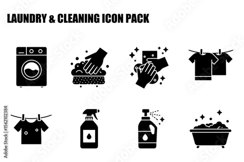 Laundry and cleaning icons featuring washing machine, cleaning hands with a sponge, clothes hanging on a line, spray bottle, and a bathtub with bubbles.