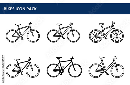 Bicycle icon set in various styles for graphic design. Outline illustrations of different bicycle models, displayed against a plain white background.