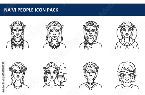 Na'vi people icon pack featuring diverse female and male characters in various poses, wearing tribal clothing and accessories, set against a plain white background.