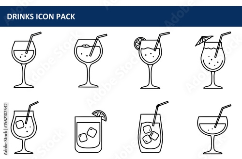 Drinks icon pack showing various cocktails with straws and garnishes in different glasses