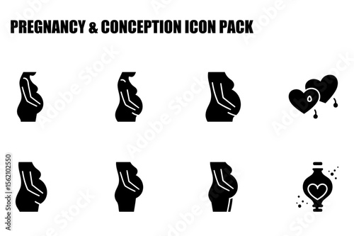 Pregnancy stages illustrated in silhouette with various poses, including different stages of pregnancy. Icons of pregnancy and conception, for use in medical, educational, or wellness applications.