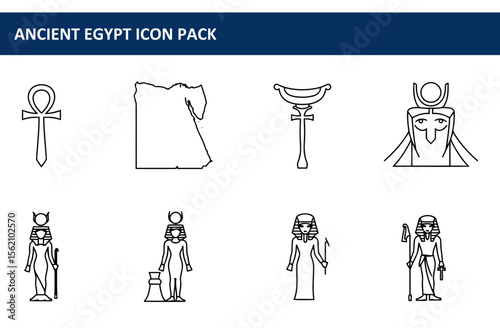 Ancient Egypt icon pack featuring map of Egypt, Ankh, Egyptian deity, and pharaoh figures.