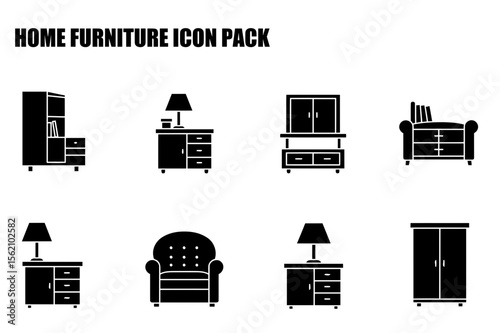 Home furniture icons depicting various pieces in a simple, stylized design. Collection of different home furniture items with a contemporary, minimalistic aesthetic.