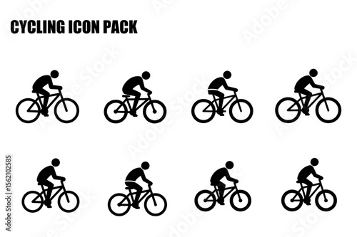 Cycling icons for diverse usage in various contexts. Simple black and white silhouettes of people cycling with different angles and poses.
