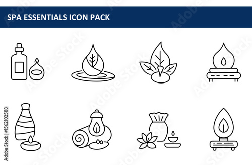 Spa essentials icon set for wellness and relaxation. Simple line art illustrations of spa products and elements, demonstrating a variety of tools and rituals.