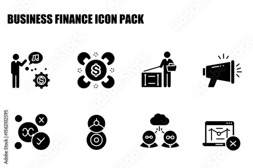 Business finance icons in various settings. Businesspeople presenting financial data, money flow, and marketing in a professional context.