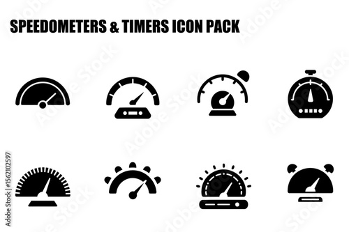 Speedometer and timer icons in a graphic design element. Set of various speedometers and timers displayed in a flat, black and white design.