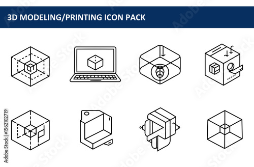 3D Modeling/Printing Icon Pack. Set of various stages of 3D modeling, printing, and packaging displayed in an organized layout.