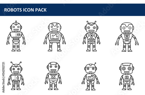 Robot icon pack with diverse designs in a simple, clean line art style. Various robots stand in a front view, each with different features and expressions.