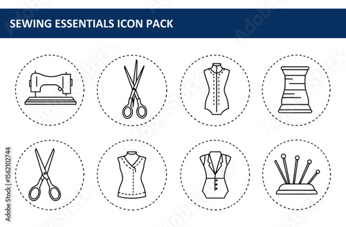 Sewing essentials icon pack showcasing various tools and equipment. Simple line art illustrations of sewing machine, scissors, mannequin forms, and bobbins in circular outlines.