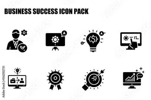 Business success icons in a professional setting. Abstract representations of business concepts such as project management, innovation, and financial achievement.