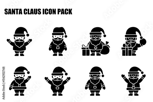 Santa Claus icon pack. various poses and accessories. Silhouette icons of Santa Claus in various poses, with gifts and bags. General public. icon set. all poses.