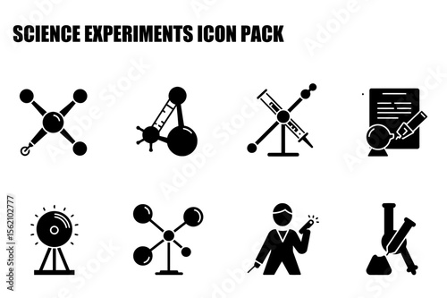 Science experiments icon set depicting various scientific instruments and actions in a laboratory setting.