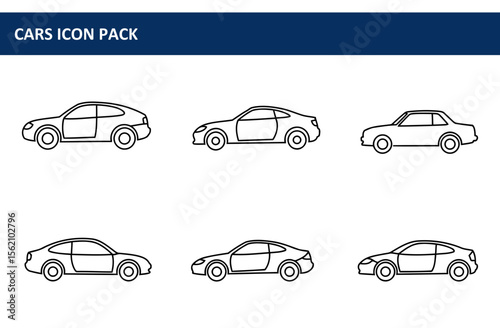 Line art illustrations of various car models in profile view. Simple, stylized silhouettes of cars in different shapes and styles, suitable for vehicle icons or a seamless pattern.