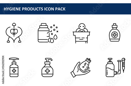 Hygiene products icon pack featuring various hygiene products in a simple, clean style.
