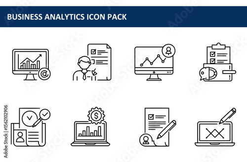 Business analytics icons set for various tasks in a clean, modern style. Collection of graphical representations of business analytics tools and actions in a professional, corporate setting.