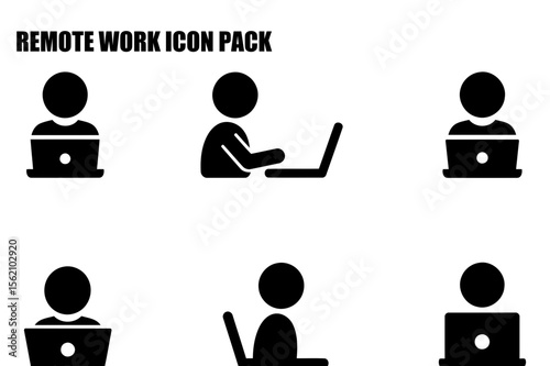 Remote work icons of people working on laptops in various poses. Simple, stylized illustrations of people seated in front of open laptops.