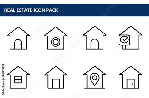 Simple outline illustrations of various house icons in a real estate icon pack.