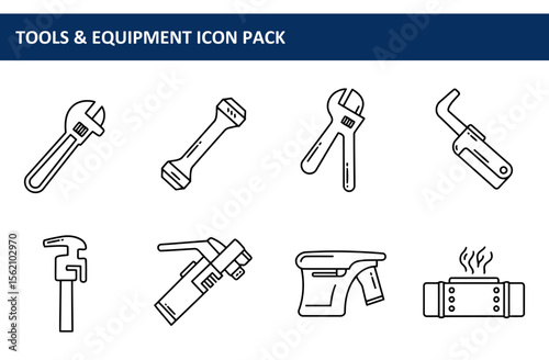 Line art illustration of various tools and equipment, showing different types of wrenches, a welding torch, a valve, and a spray device. Tools and equipment for various mechanical and industrial uses.