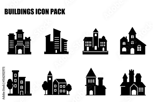 Black and white silhouettes of various buildings in different architectural styles. Silhouettes of buildings in urban settings for design elements.