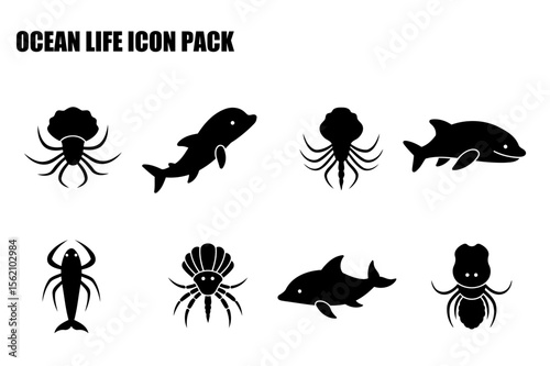 Ocean life icons in silhouette. Simple black and white illustrations of various marine species.