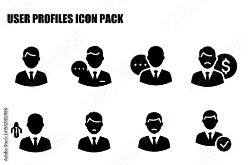Businessman user profile icons in various emotional states. Silhouette icons of male business professionals in formal wear.