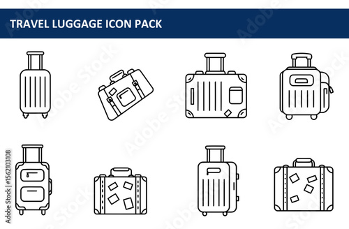 Line art illustrations of various travel luggage types. Simple, graphic representation of suitcases, wheeled bags and vintage style luggage.
