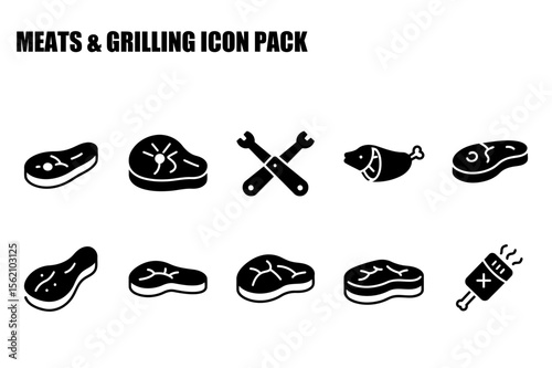 Black and white meat and grilling icons for culinary use. Various cuts of meat and tools for cooking in a flat design style.
