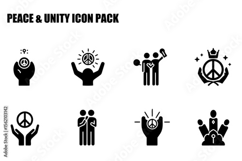 Peace and unity icon pack showing diverse actions and symbols. Simple, stylized figures celebrating peace and unity with various poses and locations.