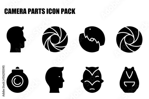 Camera parts icon pack showing various components in a flat design. Simple icons for aperture, shutter, lens, and other camera components, suitable for educational use or website design.