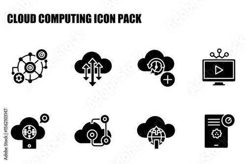 Cloud computing icons for technical documentation or presentation. Simple, black and white icons depicting various cloud computing functions in a digital setting.