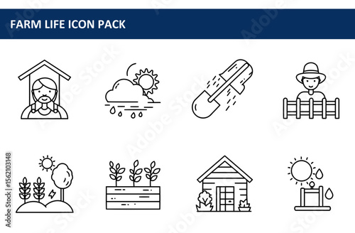 Farm life icons depicting various agricultural activities and scenes. Simple line art illustrations showcasing a farmer, weather conditions, tools, and structures.