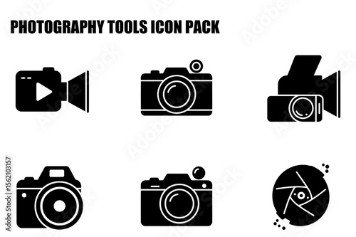 Photography tools icons in a flat design style. Simple silhouettes of cameras, video cameras, and lens components.