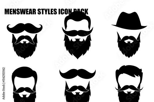 Menswear styles icon pack showing various beard and mustache styles. Male head silhouettes with different facial hair in a flat design against a white background.