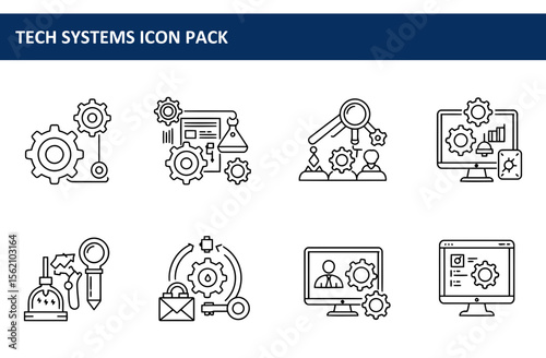 Tech systems icon pack showing various interconnected processes and technology components.